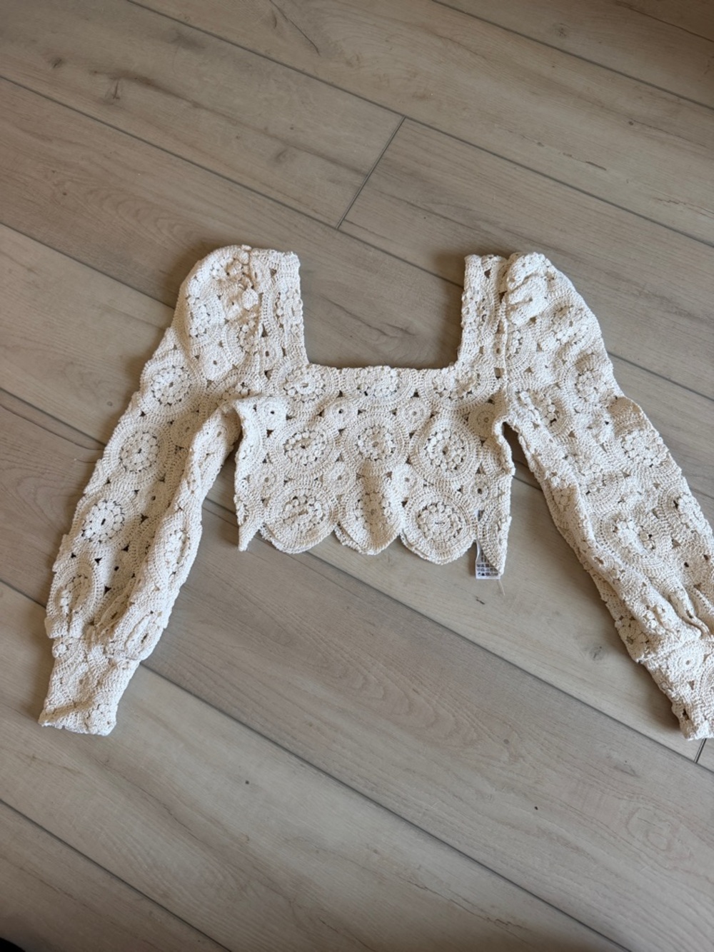 Zara Cream Crochet Square-Neck Puff Sleeve Crop Top